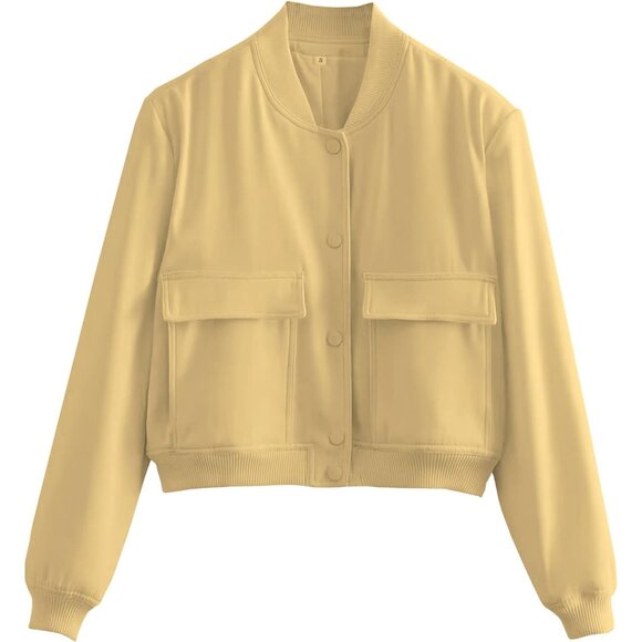 Women Yellow Cropped Bomber Jacket Button Down Varsity Shacket with Pockets - Picture 5 of 6